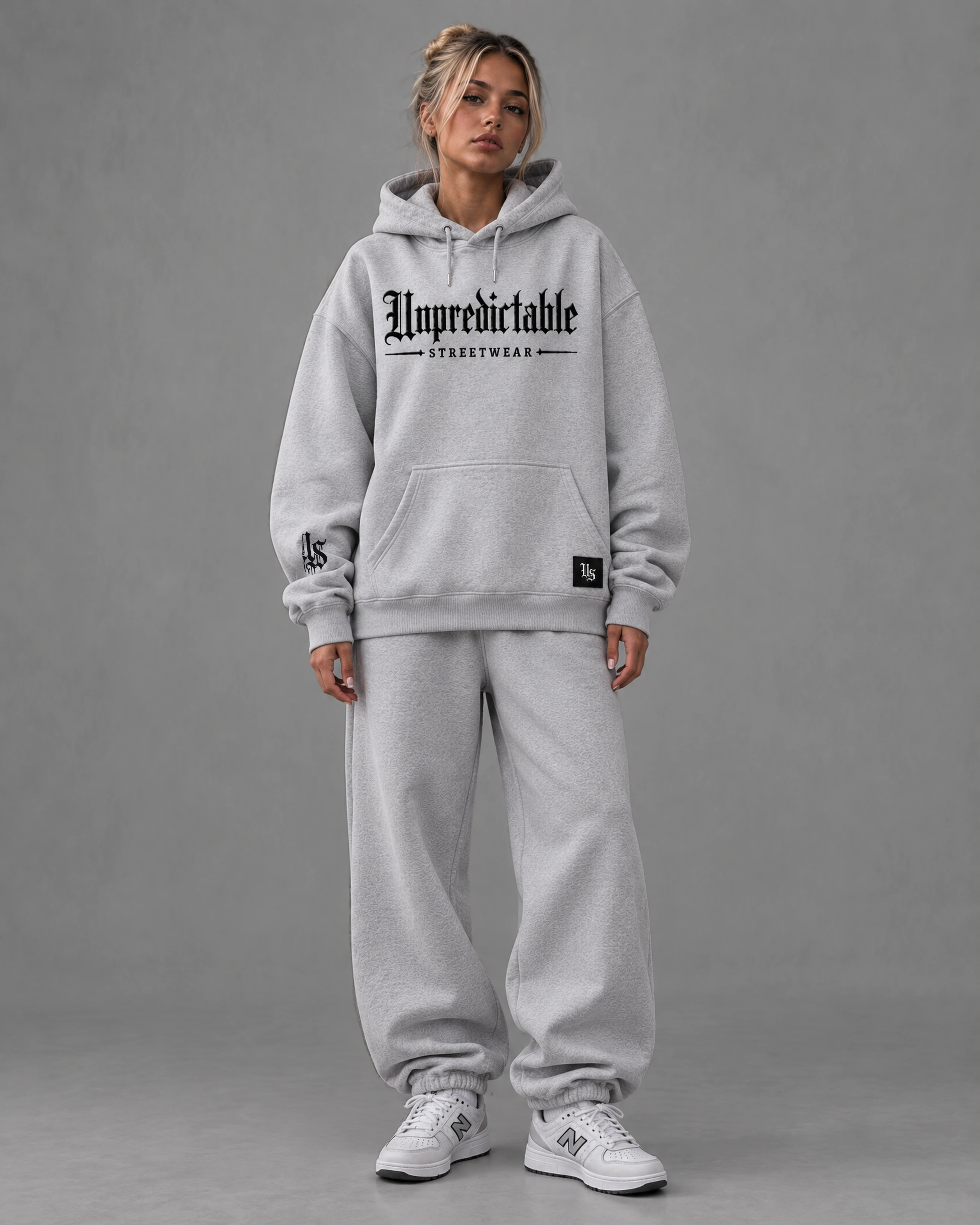 Unpredictable Hoodie — Grey — Female model